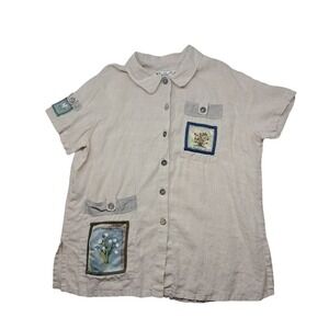 LA Blend Top Womens XL Beige Linen Short Sleeve Button Up Floral Artsy Lagenlook